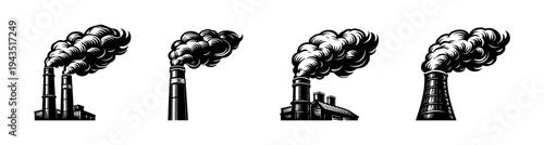 Industrial factory silhouette set with smokestacks and smoke in vector style