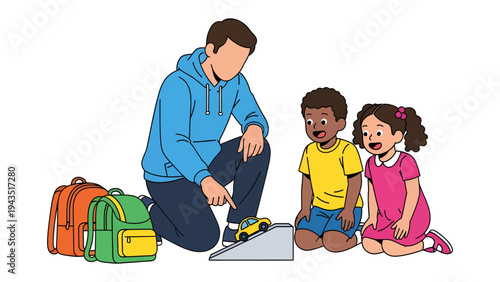 Playful Learning with Young Explorers: A caring educator guides two young children, sparking curiosity and joy as they explore educational play, fostering early learning experiences and engagement.