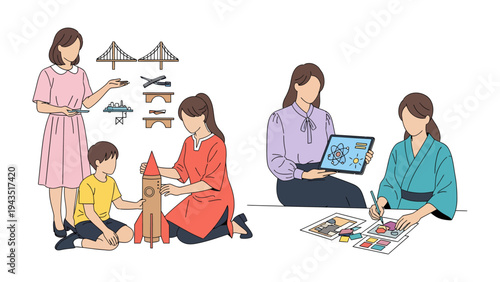 Creative Mind in Action: Diverse women, each engrossed in their respective creative pursuits, from construction to design, reflecting passion and ingenuity.