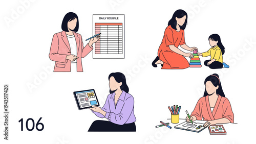 Diverse Roles of Women: A captivating composition showcases the multifaceted roles women play in both professional and personal spheres. From managing finances to nurturing a child's development.