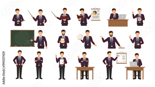 Businessman in Various Poses : This image features a businessman in various poses, showcasing different actions and expressions, and is perfect for illustrating business concepts and presentations.
