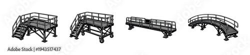 Industrial metal platforms and stairs set vector illustration in black and white