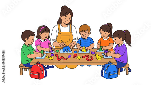 Creative Hands at Play: Children and caregiver engaging in a creative activity, molding colorful clay. Joyful, collaborative learning environment