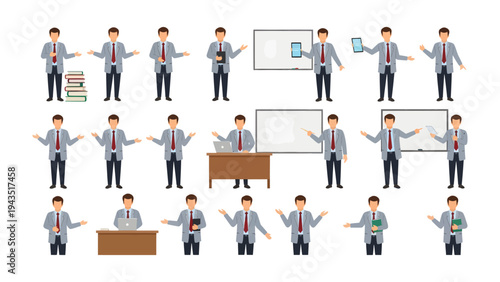 Teacher's diverse presentations in class: An image of diverse presentation of teacher in his presentation environment to display the teacher's pose in different styles and showing.