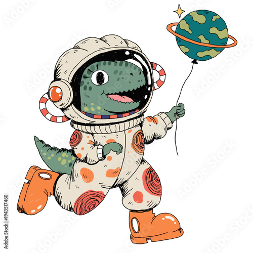 Cute cartoon dinosaur astronaut with a planet balloon, enjoying an imaginative space adventure