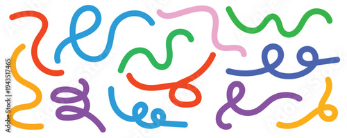 Colorful Abstract Squiggle Line Shapes Set. Playful Wavy Doodle Curves Vector Isolated 