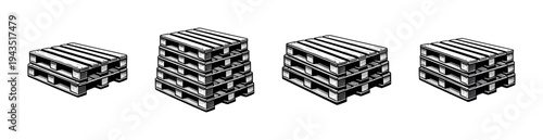 Hand-drawn wooden pallets set in black and white vector illustration