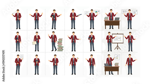 The Presenter in Various Poses: A dynamic collection of male presenters captured in an array of postures, ideal for visualizing diverse concepts, ranging from instruction to presentation.