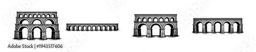 Black and white ancient roman aqueduct silhouette set vector illustration