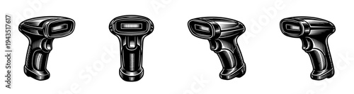 Set of vintage barcode scanners, black and white retro style illustration