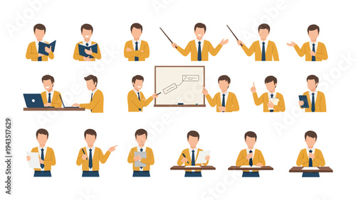 Dynamic Instruction: A series of illustrations capturing an educator in various dynamic poses and gestures, ideal for educational content. 