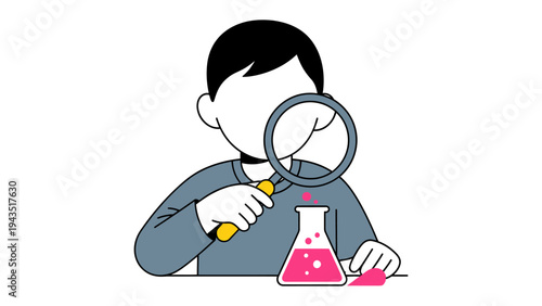 Scientific Inquiry Illustration: A curious character delves into the realm of science, employing a magnifying glass to closely examine a vibrant flask filled with a fascinating fluid.
