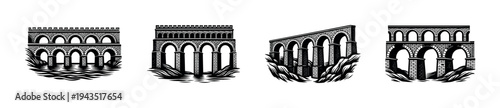 Black and white vector illustrations of historical bridges silhouette design