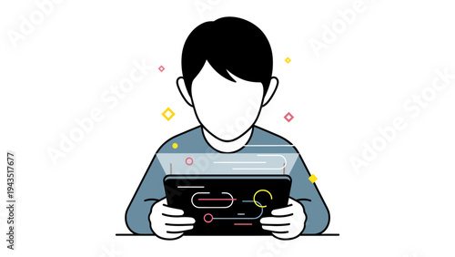 Digital Immersion: A person is absorbed in a futuristic digital interface on a tablet, symbolizing the advancements in technology and digital interaction.