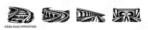 Black and white architectural bridge illustrations set featuring unique designs