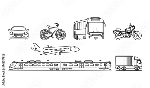 Transportation vehicles outline vector set with car bus airplane bicycle and truck isolated on white