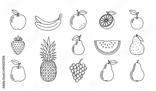 Fruit outline vector set with apple banana pineapple and strawberry simple black and white illustration