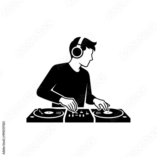 Young man wearing headphones DJing music.