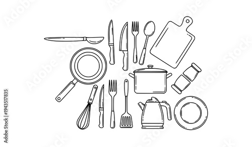 Kitchen cooking utensils outline vector set with pan pot knife spoon and whisk isolated on white
