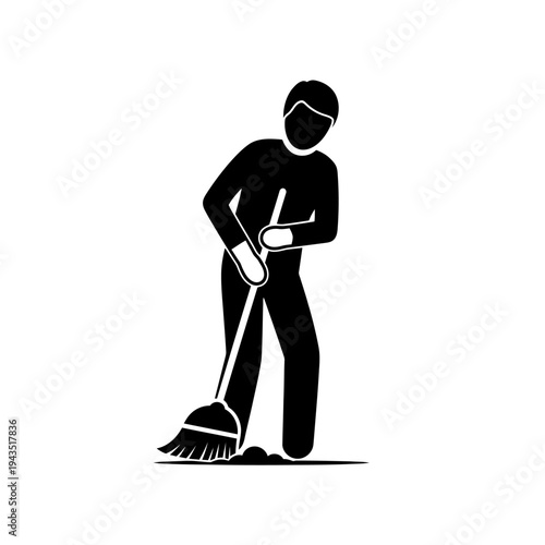 Man cleaning with a broom stick.