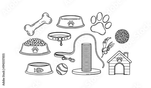 Pet accessories outline vector collection with dog bone bowl leash toy and paw print isolated on white