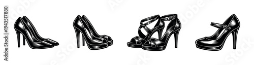Elegant high heel shoes vector silhouette set of four illustrations