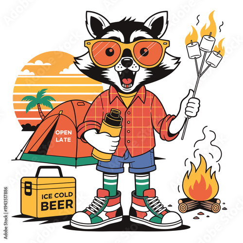 Whimsical raccoon enjoying a summer camping trip with marshmallows and cold beer, vector art