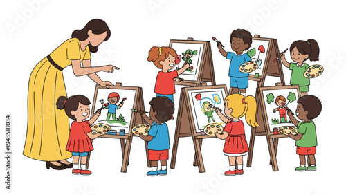 Creative Classroom: A nurturing teacher guides a group of young students as they express their imaginations through the art of painting, fostering creativity and self-expression.