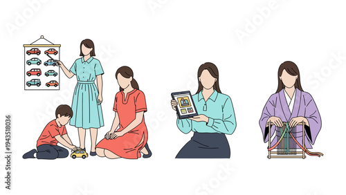 Daily Life Illustration: Diverse depictions of everyday moments, featuring individuals engaged in various activities, each scene a snapshot of daily routines and experiences.