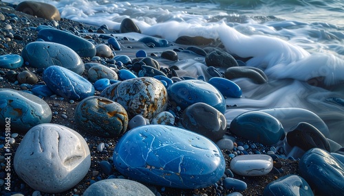 A shoreline scene with smooth, colorful stones glistening from the touch of ocean waves. The water foams, creating texture