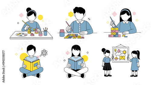 Artistic Expressions & Literacy Journey: A collage captures diverse children engaging in creative pursuits, from painting and crafting to reading. A celebration of imagination.