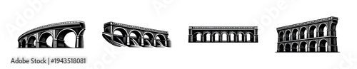 Black and white architectural aqueduct silhouettes vector illustrations set