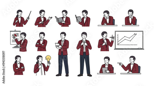 Diverse Business Poses: A set of dynamic illustrations showcases a business person in various engaging work scenarios, expressing communication.