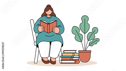 Bookish Solitude: A serene illustration shows a person deeply engrossed in a book, nestled amidst a stack of literature and a thriving potted plant, symbolizing the comfort of reading and learning.
