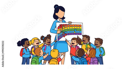 Teacher's Inspiration: A dedicated teacher captivates a class of children with a colorful display of learning and wonder.