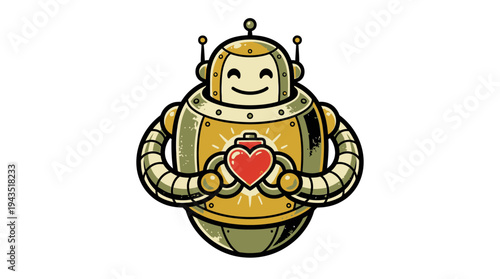 Charming vintage-style robot with a radiant smile, affectionately presenting a glowing red heart, embodying the warmth of artificial intelligence and connection