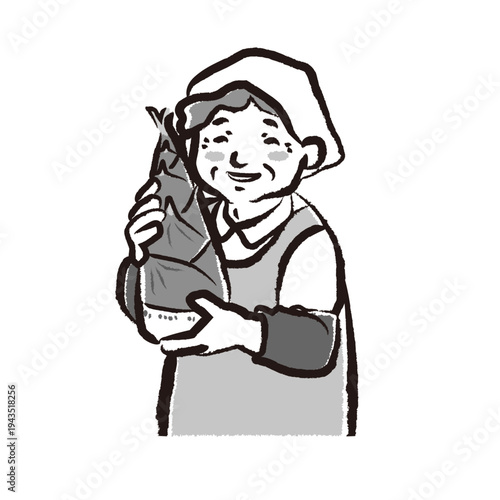 笑顔でたけのこを抱える、シニア女性の生産者　筆タッチのモノクロイラスト