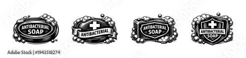 Antibacterial soap label set vector illustration with bubbles and shield design elements