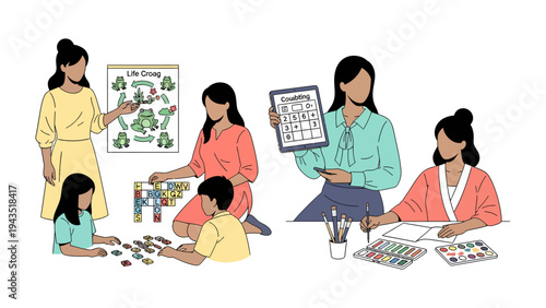 Learning and Growing: A scene of children engaging in a variety of educational activities, guided by female teachers, fostering a nurturing learning environment filled with creativity and discovery.