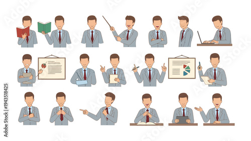 Business Man in Action: A collection of a businessman in various poses, showcasing diverse actions such as reading, presenting, and working with technology.
