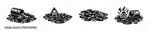 Industrial toxic waste illustration set with hazardous symbols and skull motifs