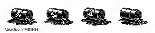 Illustrated toxic waste barrels in black and white vector silhouette set
