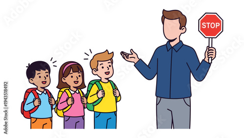 Road Safety Education: A school crossing guard uses a stop sign to ensure a safe passage for elementary children.