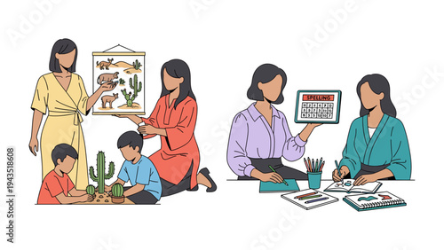 Educational Journey: The image depicts nurturing teachers with their students, fostering growth and learning. Focus on the value of education.