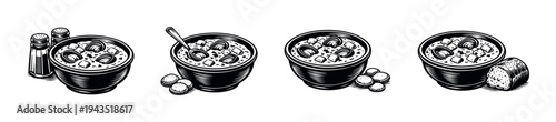 Black and white vector illustrations of soup bowls with bread and seasoning
