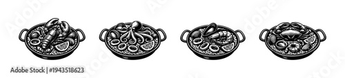 Black and white vector of seafood dishes with crab lobster and octopus illustrations