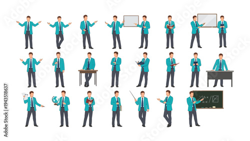 Business Man in Various Poses: A professional in diverse poses, showcasing a range of actions suitable for presentations, conveying ideas, and illustrating concepts in a clean, modern style. 