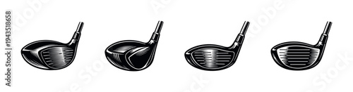 Set of four golf club heads illustration in black and white vector style
