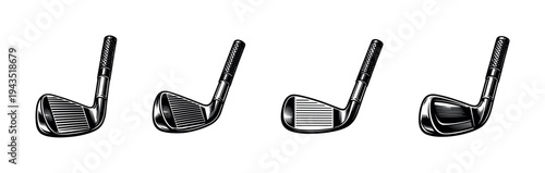Set of four golf club heads in detailed vector illustration style