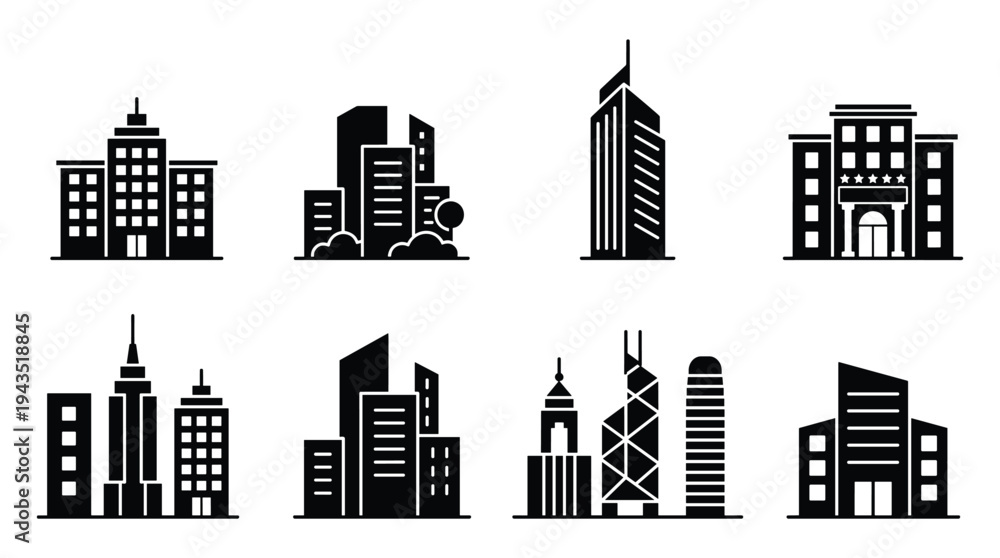 Obraz premium Set of black city buildings and skyscrapers vector illustration collection